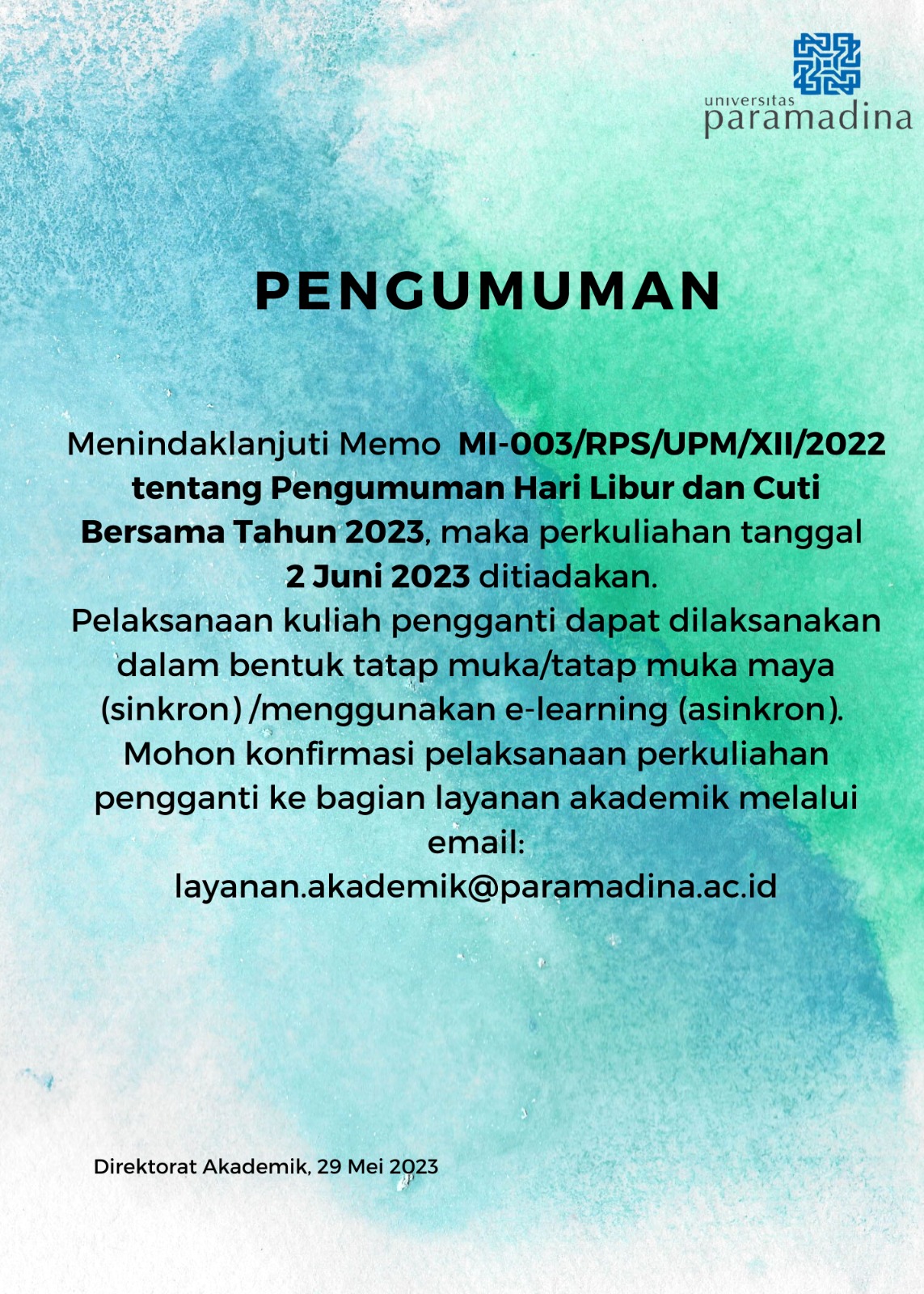 E LEARNING Pengumuman Hari Libur Dan Cuti Bersama 2 Juni 2023